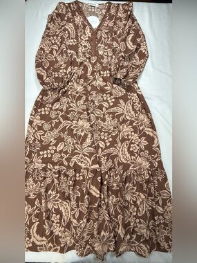 Boho Brown Floral Tiered Maxi Dress with Cream Print
